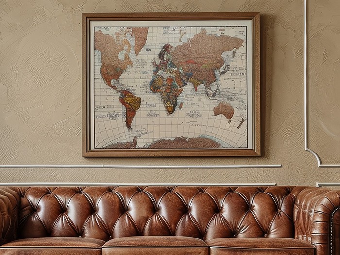 World map in a picture frame hanging on a wall above a brown leather sofa.